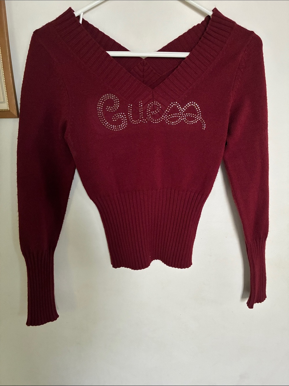 Guess Wine Red Rhinestone Logo V-Neck Sweater